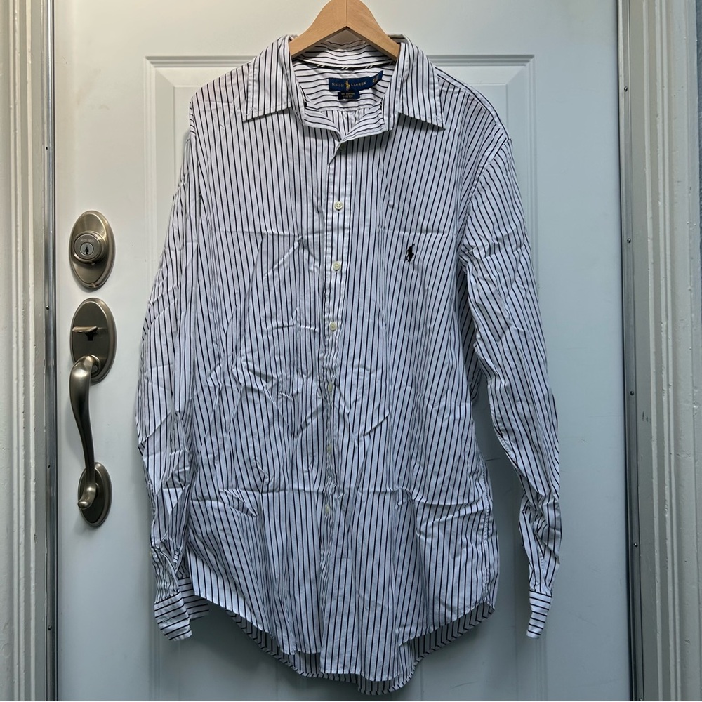 Ralph Lauren Men's White and Blue Striped Shirt